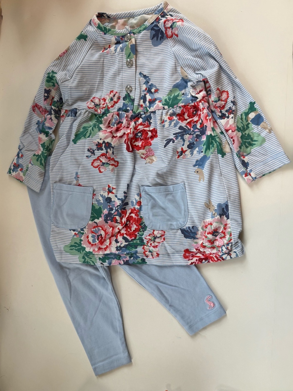 Floral Stripe Long-Sleeve Kids Set - Light Blue